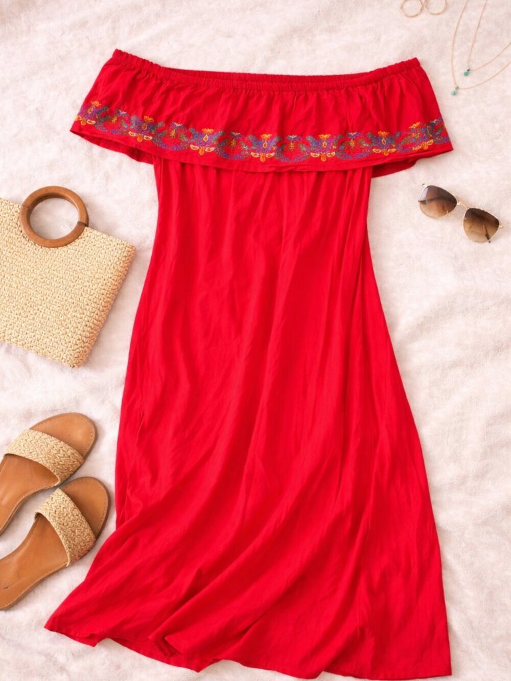 Madison Grey Red Off Shoulder Dress Embroidered Boho Midi Size XL